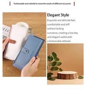 Detail of lychee pattern leather long wallet with metal snap button and zipper closure