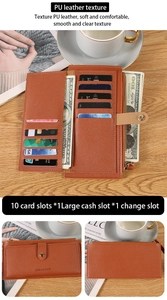 Detailed interior of brown leather wallet showing ten card slots and functional compartments