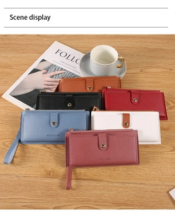 Fashionable long leather wallets for women with zipper and strap in six elegant colors