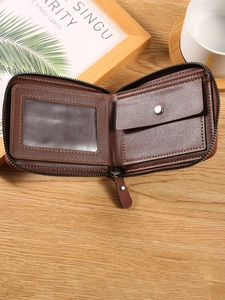 Retro brown leather bifold wallet for men featuring a zipper closure and internal ID window