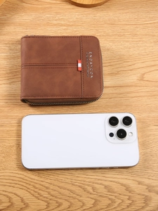 Men's vintage brown leather zipper wallet compared with smartphone for size reference