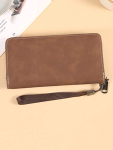 Vintage braune lange Herrenbörse mit Reißverschluss, weißen Nähten und Handschlaufe