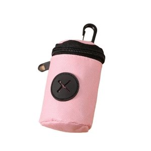 Portable pink pet waste bag dispenser with black carabiner for leash attachment