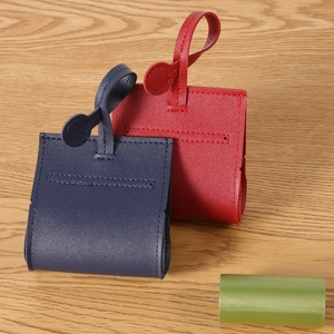 Portable PU leather dog poop bag dispenser set in navy blue and red for pet walking