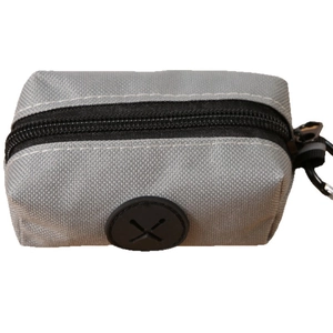 Gray canvas pet waste bag dispenser with zipper and metal carabiner for outdoor walking