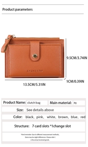 Detail view of compact PU leather wallet showing size 13.5x9.5x1cm and 7 card slots