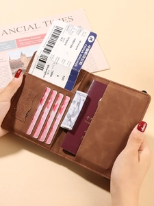 Brown PU leather travel passport holder with card slots and SIM card storage