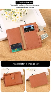 Brown PU leather wallet featuring 7 card slots and a side zipper pocket on wooden table