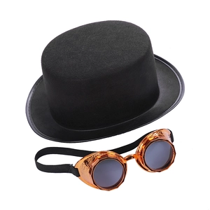 Detail of black steampunk top hat with bronze mechanical goggles on white background