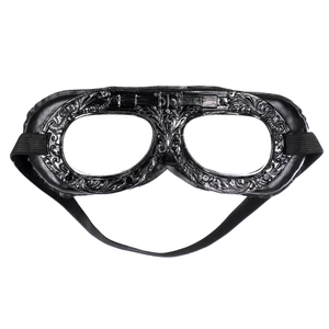 Steampunk aviator goggles with black floral engraving and elastic strap on white background