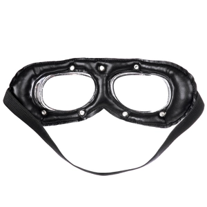 Detail of steampunk pilot goggles with black leather padding and silver metal rivets