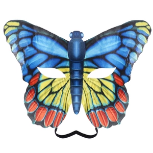 Close-up of Mardi Gras butterfly mask with vibrant blue and orange gradient textures