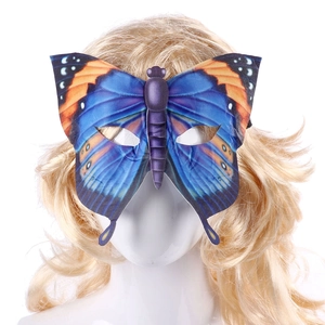 Detail view of the vibrant blue and orange butterfly mask for masquerade party costumes