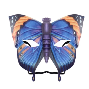 Detail of butterfly masquerade mask made from blue and orange printed fabric with elastic