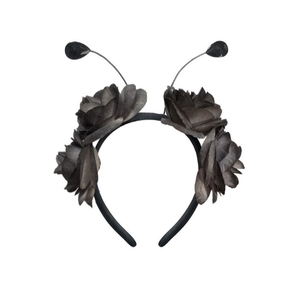 Gothic black headband with four silk flowers and gemstone antennas for Halloween costumes