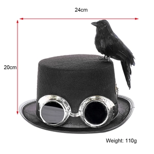 Steampunk black top hat with silver goggles and realistic black raven crow accessory