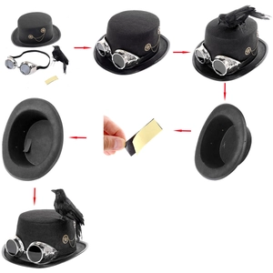 Assembly guide for steampunk black top hat with raven, goggles and gear chain decor