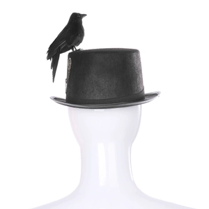 Detail of steampunk gothic top hat with black raven, gears and metal chains decoration