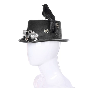 Detail of steampunk top hat with silver goggles, gears, and realistic black crow