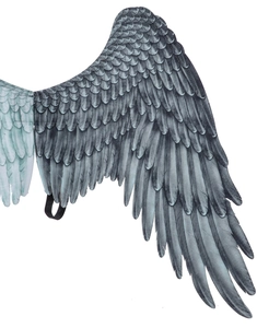 Détails de l'impression de plumes et des bretelles sur de grandes ailes d'ange