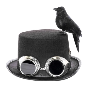 Black steampunk top hat featuring vintage silver goggles and a detailed black crow