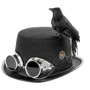 Steampunk black top hat with vintage aviator goggles, metal gears and a lifelike crow topper