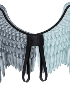 Détail de grandes ailes d'ange en non-tissé avec imprimé plumes et bretelles élastiques