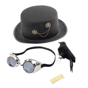 Steampunk hat set featuring black top hat with gold gears, silver goggles, and realistic raven