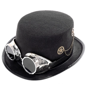 Detail of steampunk top hat featuring silver goggles and metallic gear ornaments
