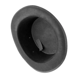 Close-up of classic black felt top hat showing interior adjustable strap and stitching detail