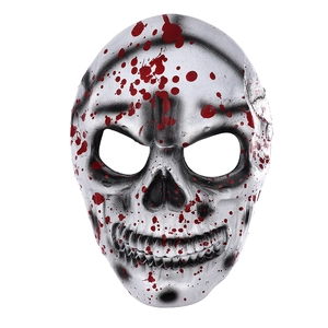 Détail du masque de crâne d'Halloween en mousse 3D avec effet métallique et taches de sang