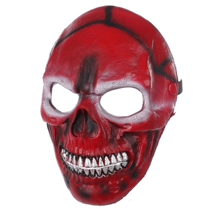Détail du masque de crâne rouge avec fissures noires et dents argentées pour Halloween