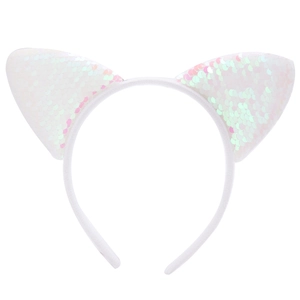Serre-tête oreilles de chat à paillettes blanches pour fête d'Halloween pour enfants