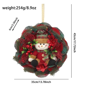Detailed view of Christmas snowman wreath showing dimensions 35x45cm and weight 254g