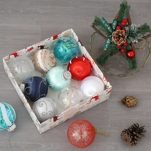 Set of 8cm decorative Christmas balls in red, blue and silver within a festive gift box