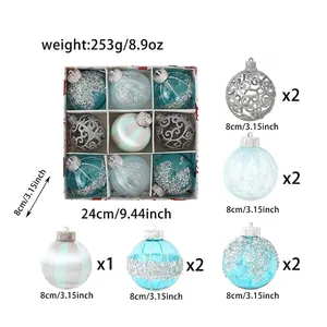 Set of 9 blue and silver 8cm Christmas ball ornaments with varied textures and patterns