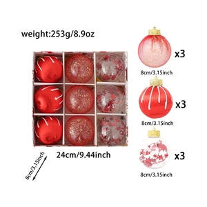 Detailed specs of 8cm red and clear Christmas ornament balls set with dimensions and weight