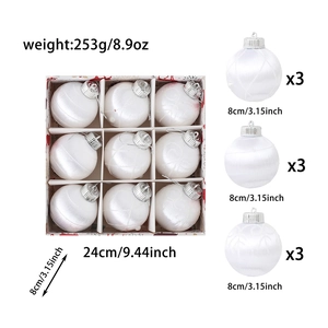 Set of 9 white 8cm Christmas ball ornaments with satin texture and woven patterns in a box