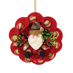 Christmas Santa Claus wreath wall hanging ornament with red fabric petals and green berries