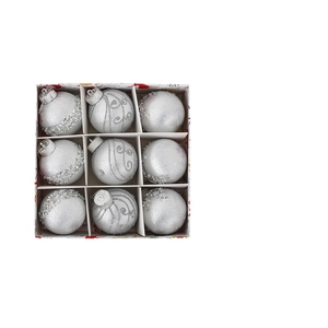 9-piece 8cm silver Christmas ball ornaments set with glitter patterns in a gift box