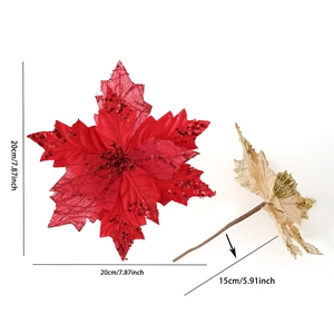 20cm Red and gold Christmas artificial poinsettia flowers with glitter lace petals