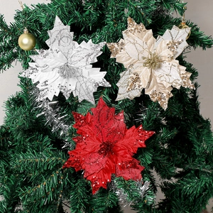 Glitter poinsettia artificial flowers in red, gold, and white for Christmas tree decor