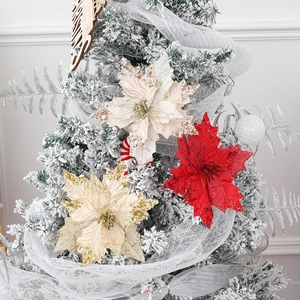 Glitter poinsettia Christmas tree flowers in red, cream, and champagne gold colors