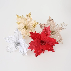 Sparkling artificial Christmas flowers with glitter and sequins in four festive colors