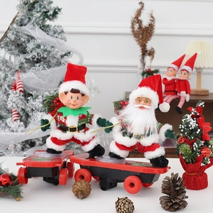 Electric Christmas Santa and elf on scooters with festive holiday decoration background