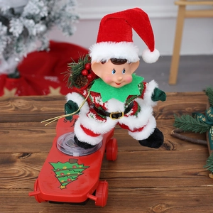 Close-up of plush Christmas elf doll on a red toy skateboard with pine cone details