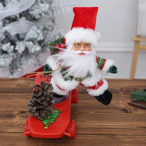 Christmas Santa doll in plaid suit on red electric scooter with pine cone decor