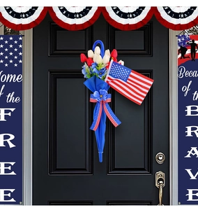 Detailed view of patriotic umbrella door decor with tulips and American flag accent