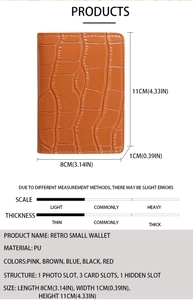 Detailed product specs of retro orange-brown PU leather wallet with size and card slot info