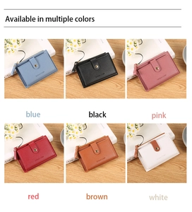Collage of compact minimalist wallets in six colors on a wooden surface with floral decor